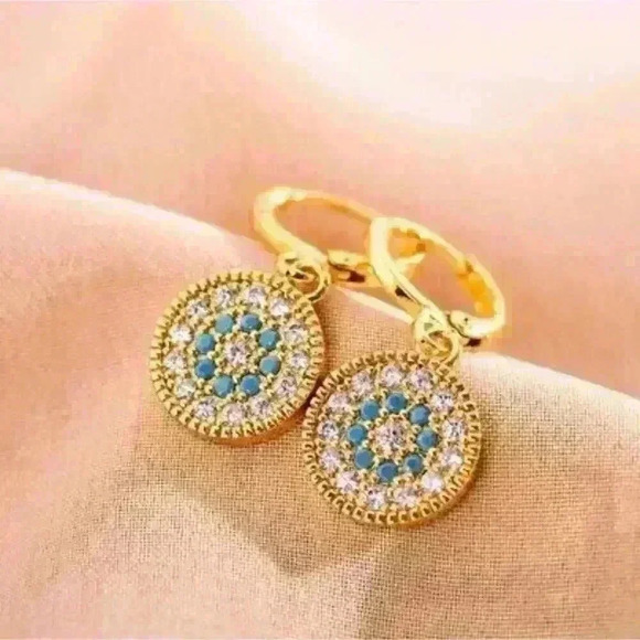 Gold Round Drop Earrings with Turquoise and Clear Stones - Picture 2 of 3